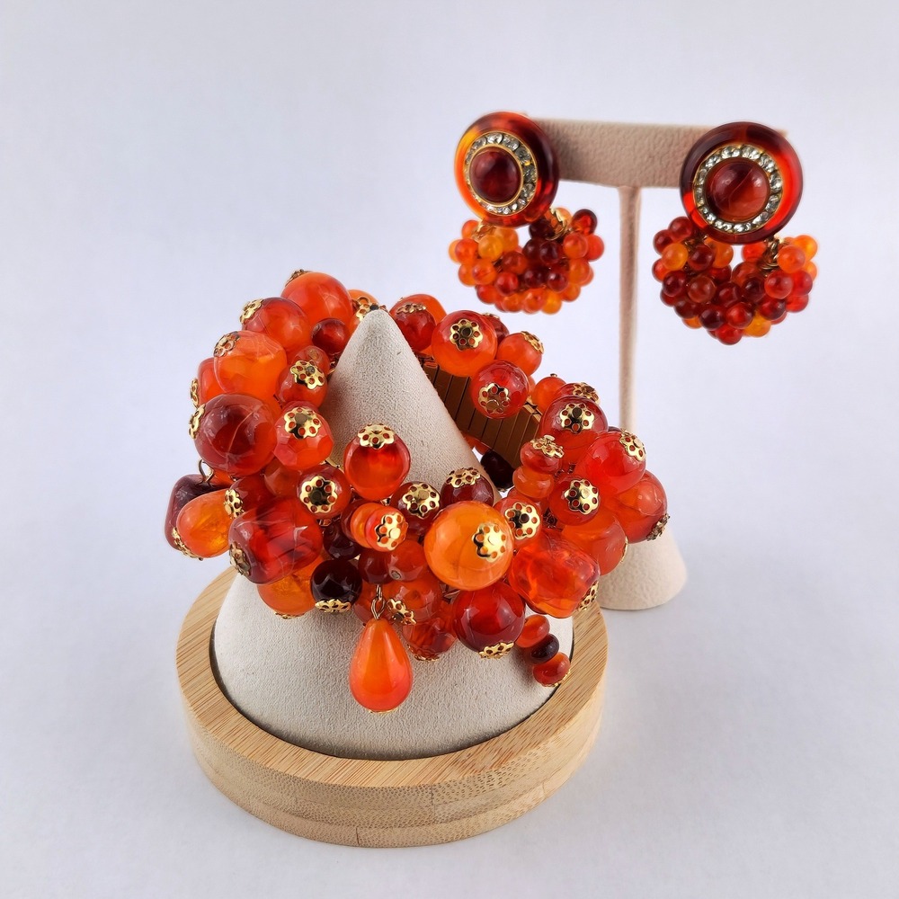 Vintage Cha Cha Bracelet‎ Set Cognac Root Beer Lucite Clip On Earrings
